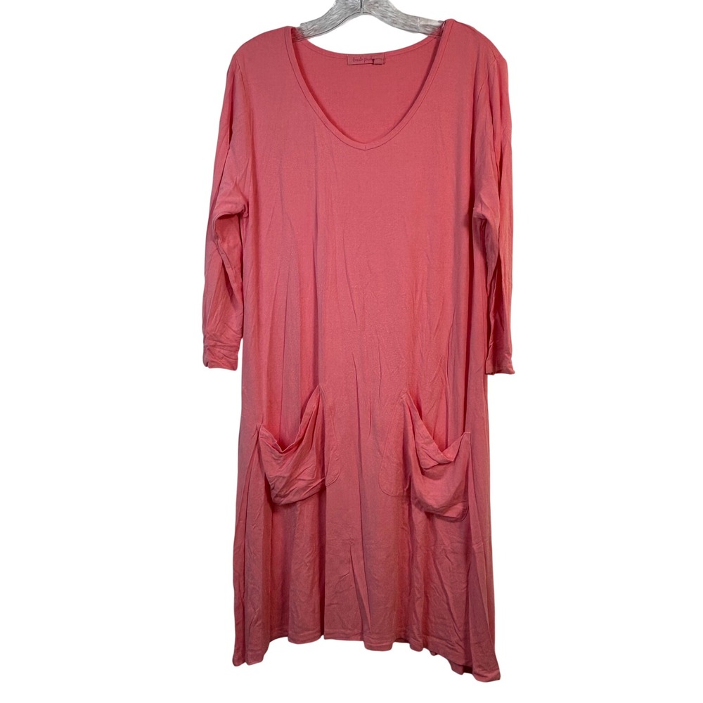 Fresh Produce Coral Pink Long Sleeve V-Neck Pocket Midi Dress XL USA Made